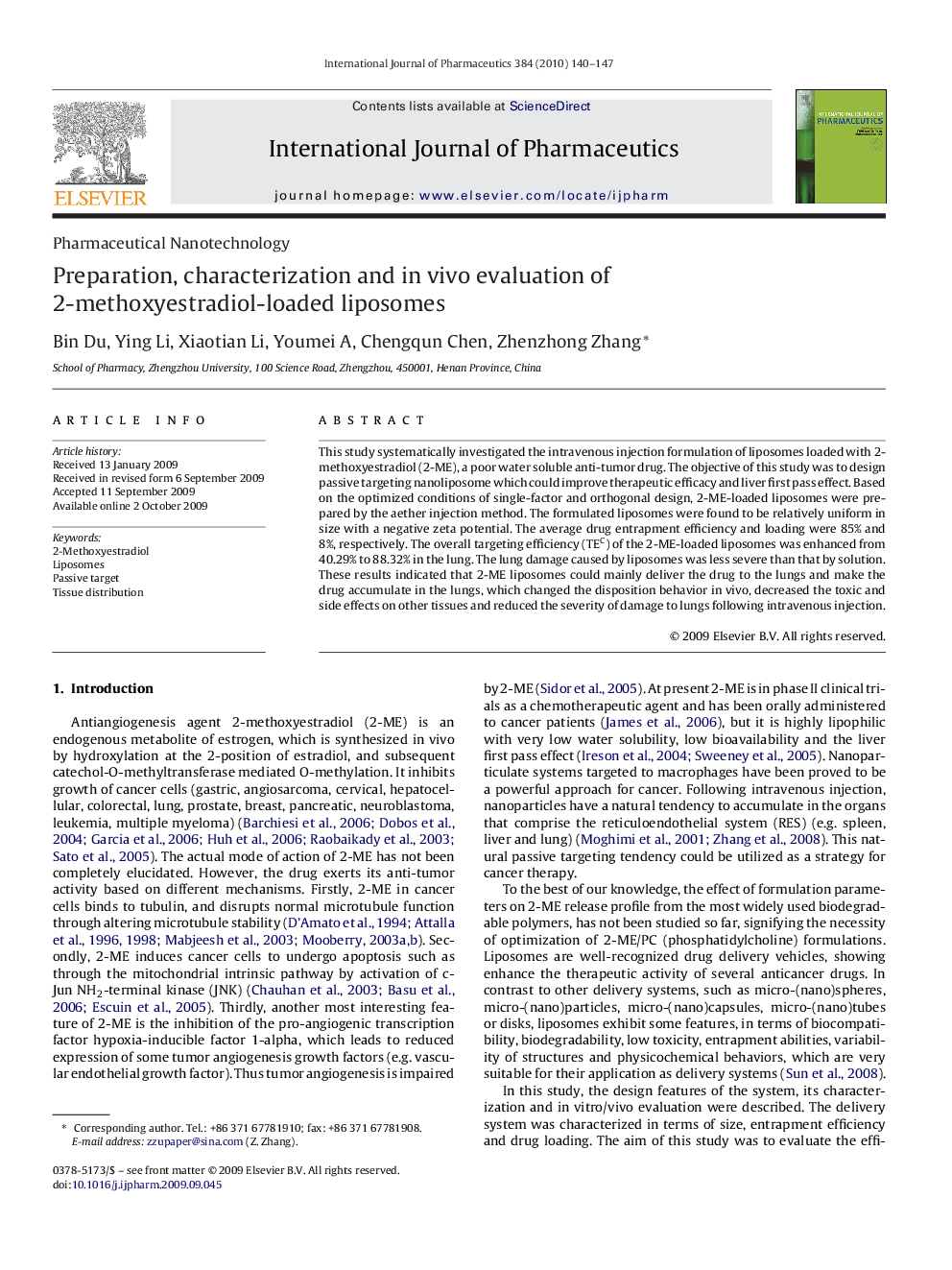 Preparation, characterization and in vivo evaluation of 2-methoxyestradiol-loaded liposomes