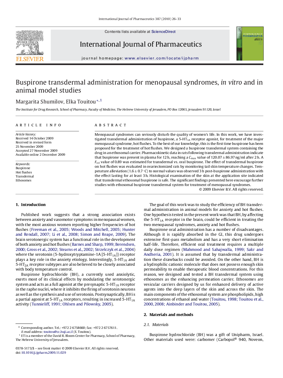 Buspirone transdermal administration for menopausal syndromes, in vitro and in animal model studies