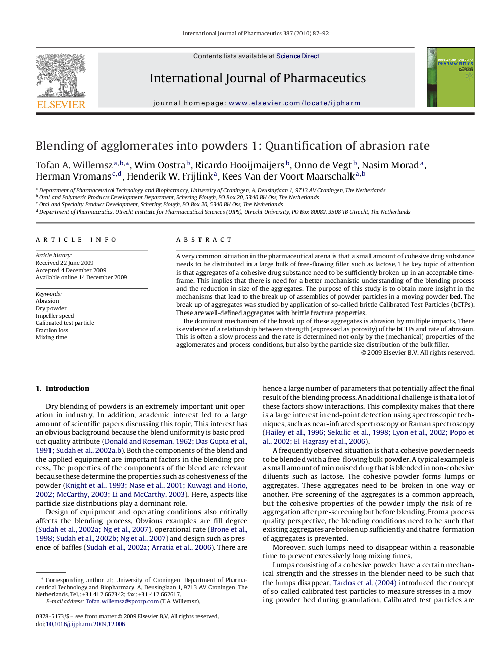 Blending of agglomerates into powders 1: Quantification of abrasion rate