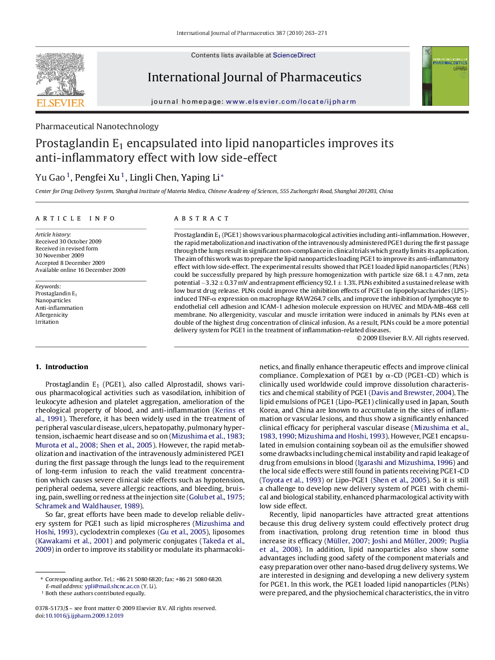 Prostaglandin E1 encapsulated into lipid nanoparticles improves its anti-inflammatory effect with low side-effect