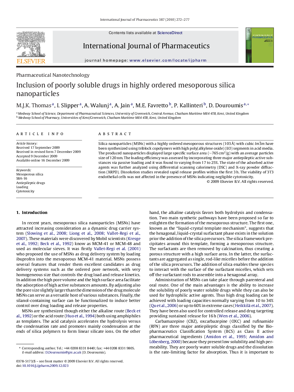 Inclusion of poorly soluble drugs in highly ordered mesoporous silica nanoparticles