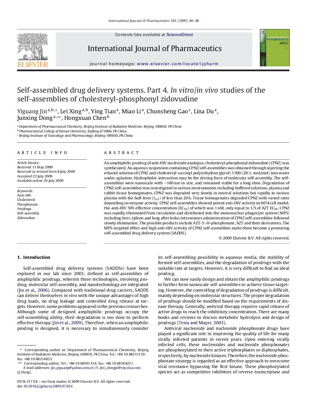 Self-assembled drug delivery systems. Part 4. In vitro/in vivo studies of the self-assemblies of cholesteryl-phosphonyl zidovudine