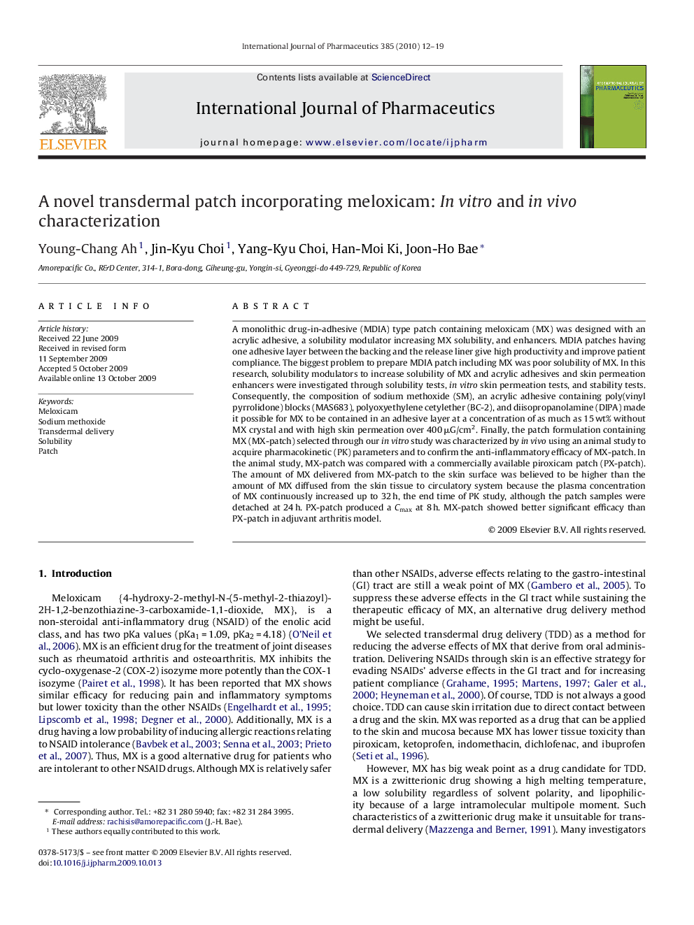 A novel transdermal patch incorporating meloxicam: In vitro and in vivo characterization