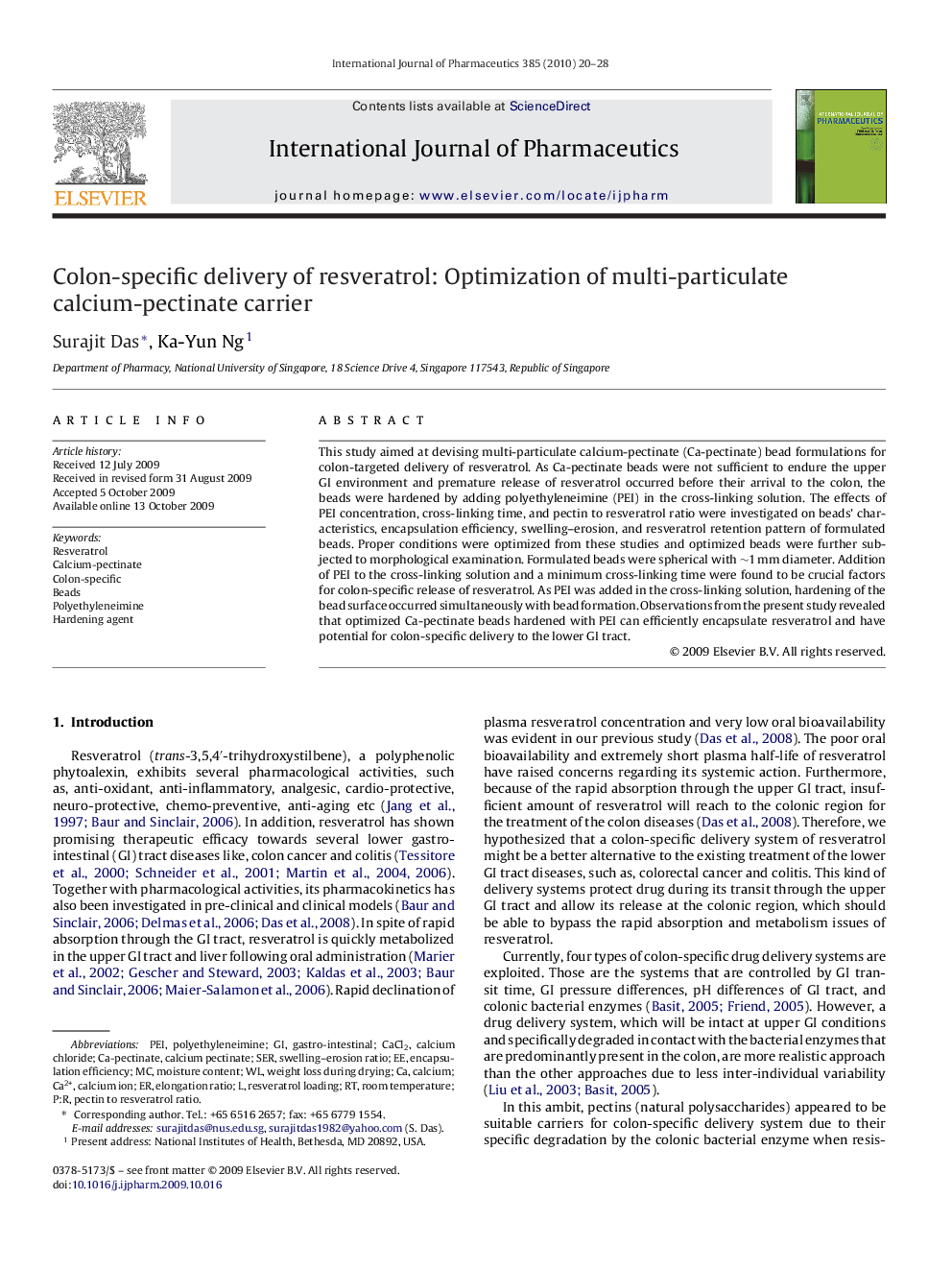 Colon-specific delivery of resveratrol: Optimization of multi-particulate calcium-pectinate carrier