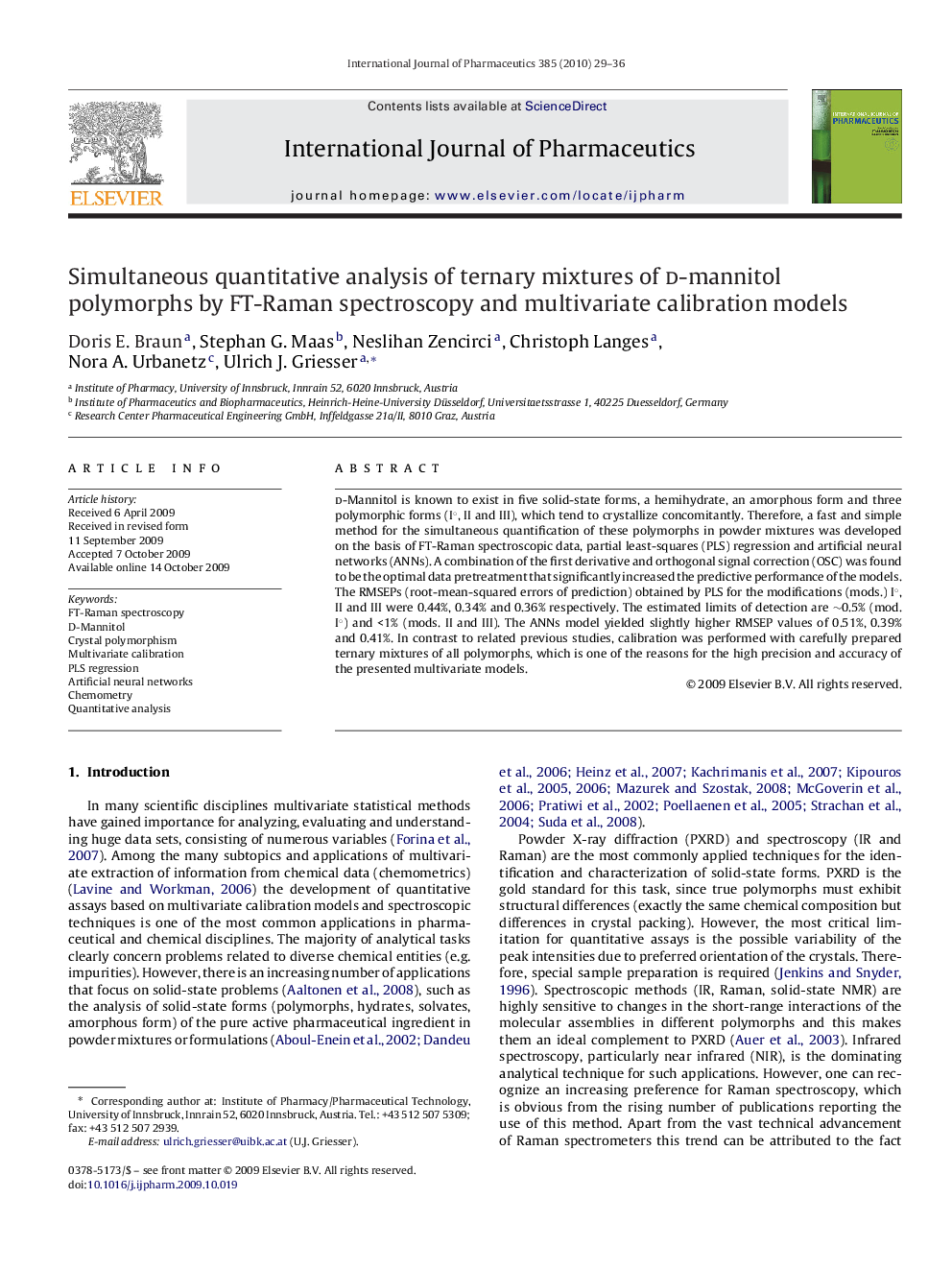 Simultaneous quantitative analysis of ternary mixtures of d-mannitol polymorphs by FT-Raman spectroscopy and multivariate calibration models