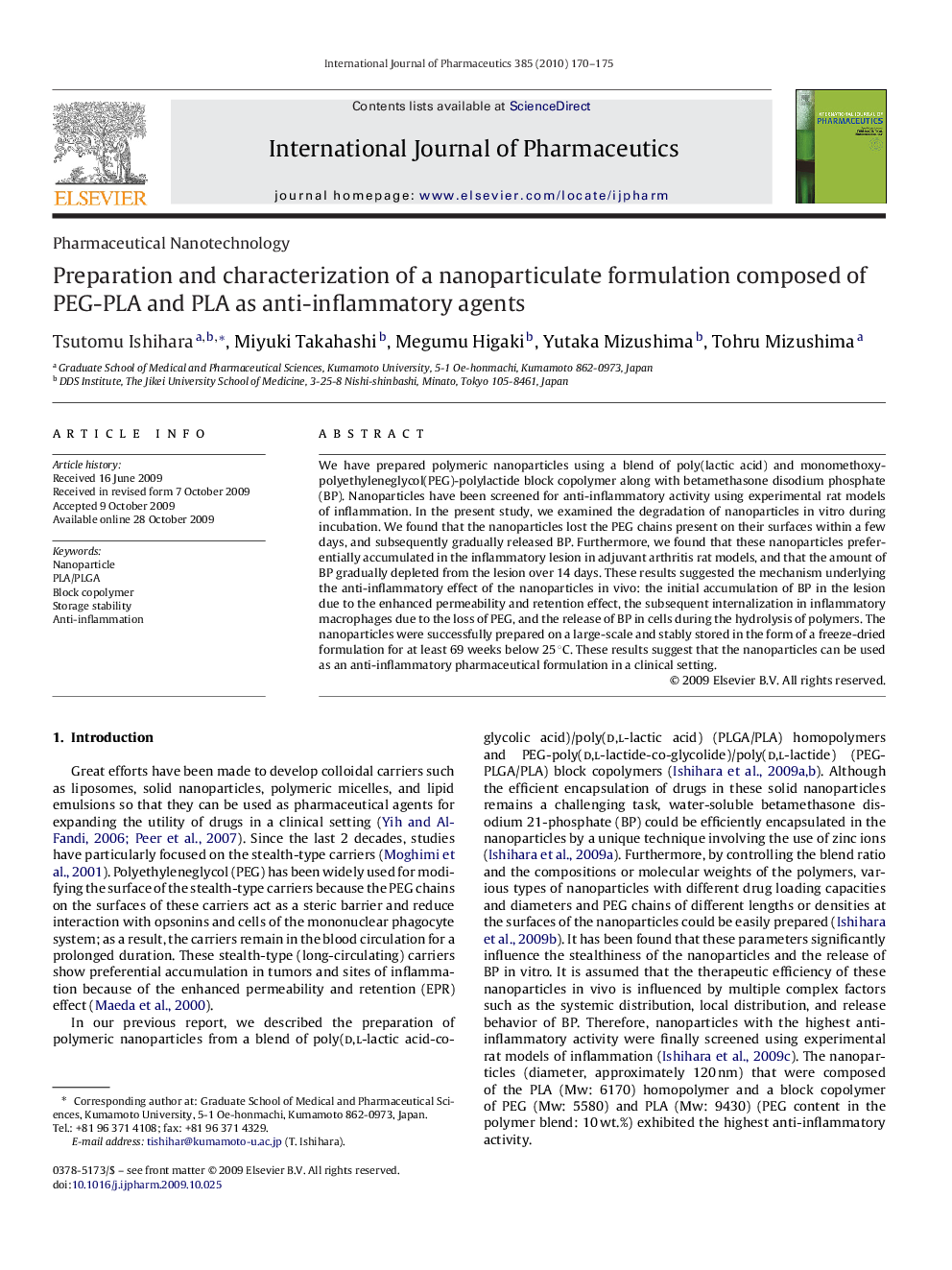 Preparation and characterization of a nanoparticulate formulation composed of PEG-PLA and PLA as anti-inflammatory agents