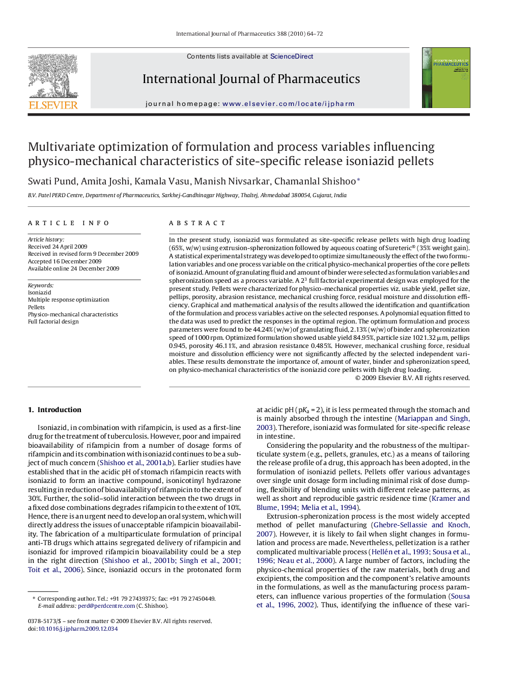 Multivariate optimization of formulation and process variables influencing physico-mechanical characteristics of site-specific release isoniazid pellets