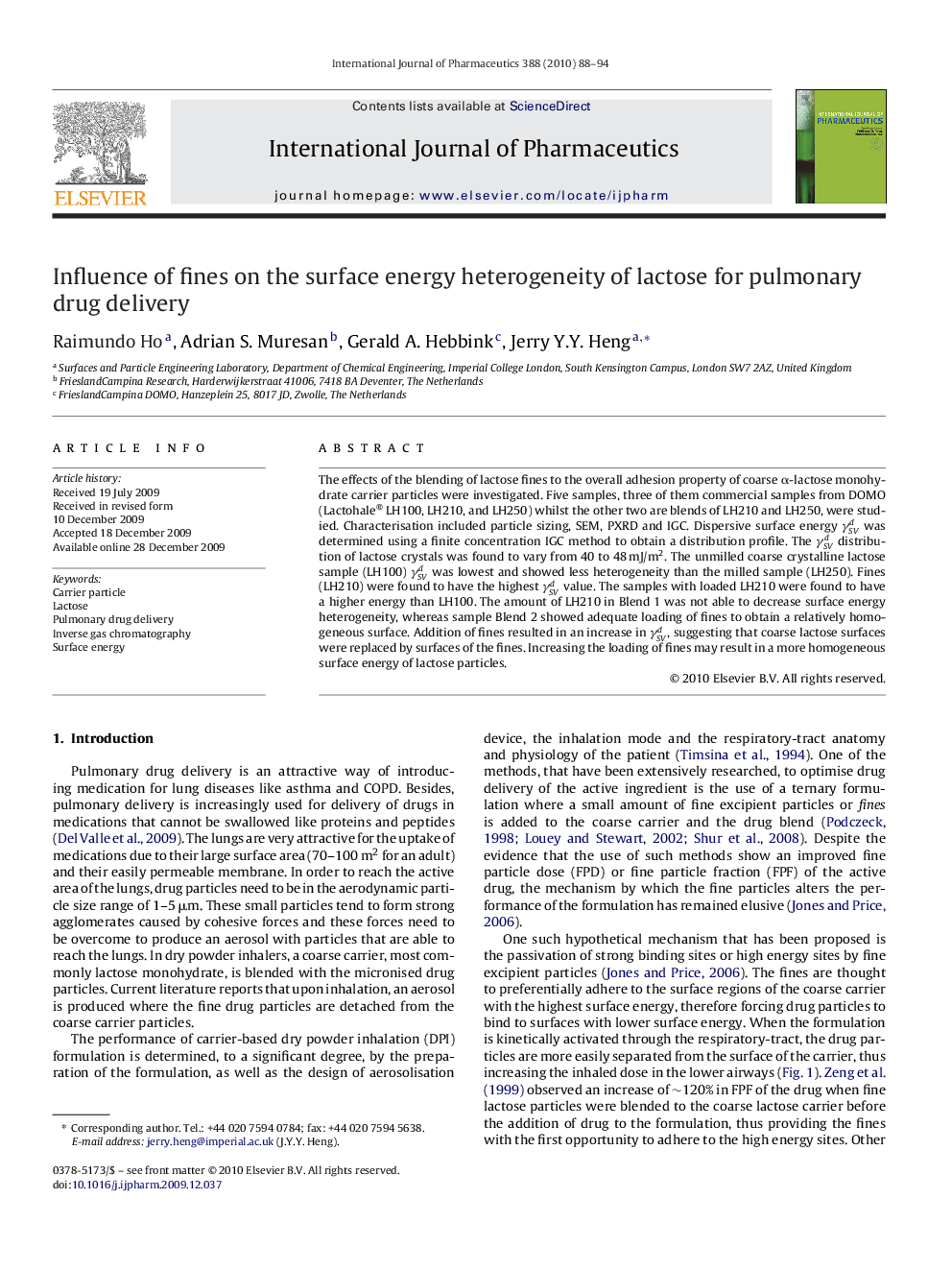 Influence of fines on the surface energy heterogeneity of lactose for pulmonary drug delivery