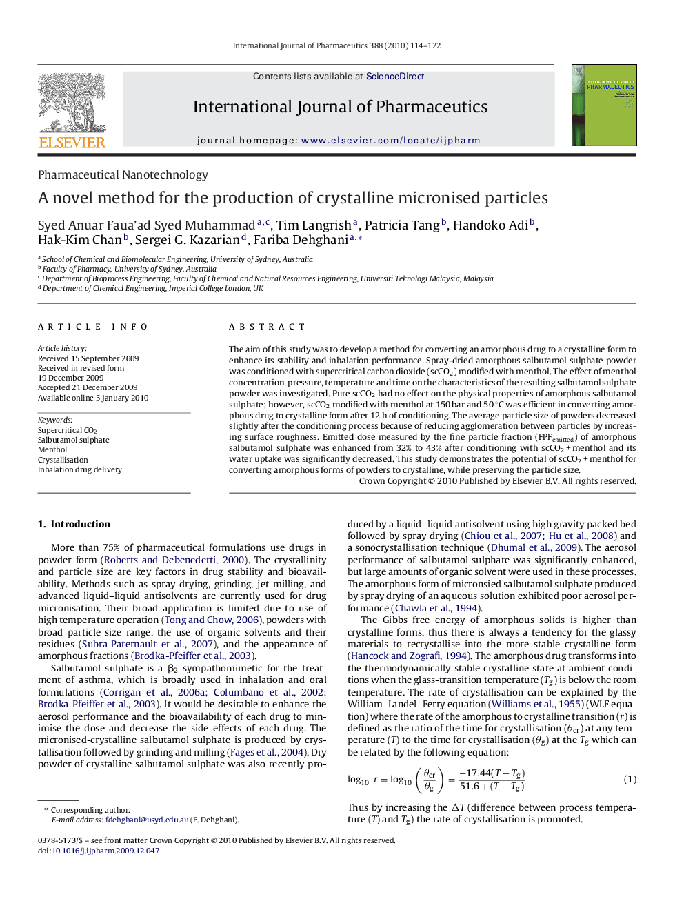 A novel method for the production of crystalline micronised particles