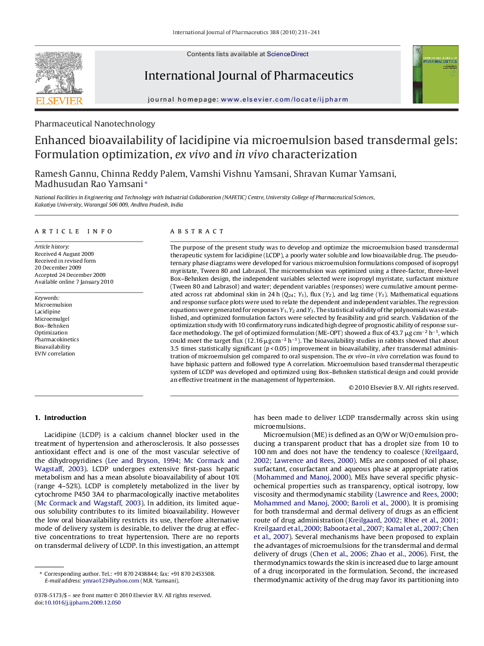 Enhanced bioavailability of lacidipine via microemulsion based transdermal gels: Formulation optimization, ex vivo and in vivo characterization