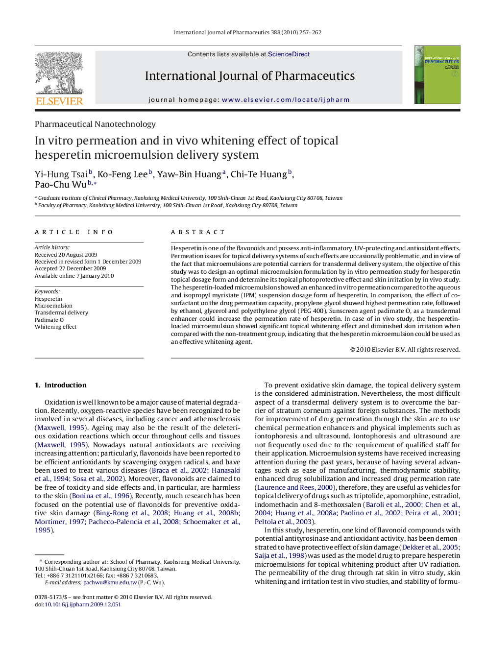 In vitro permeation and in vivo whitening effect of topical hesperetin microemulsion delivery system