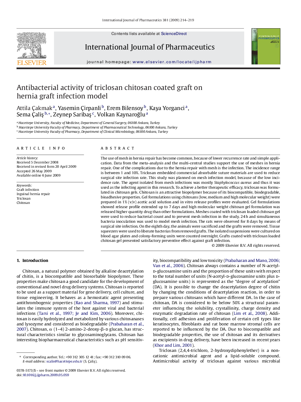 Antibacterial activity of triclosan chitosan coated graft on hernia graft infection model