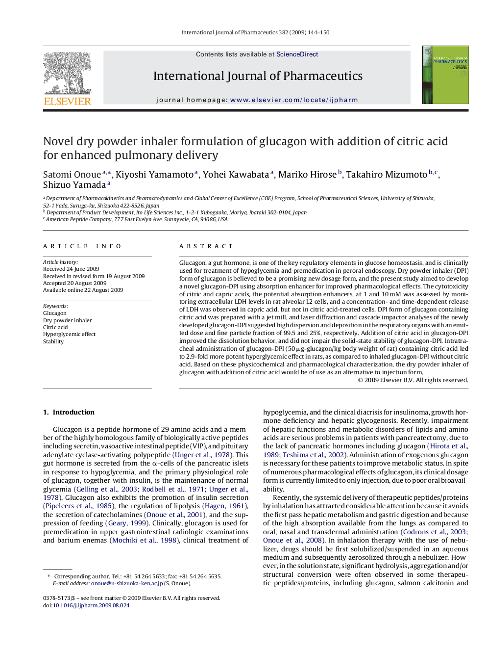 Novel dry powder inhaler formulation of glucagon with addition of citric acid for enhanced pulmonary delivery