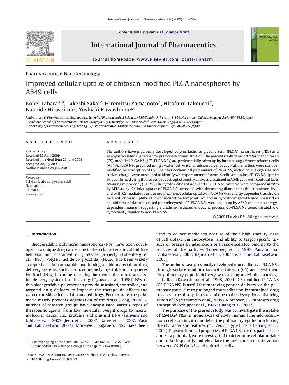 Improved cellular uptake of chitosan-modified PLGA nanospheres by A549 cells