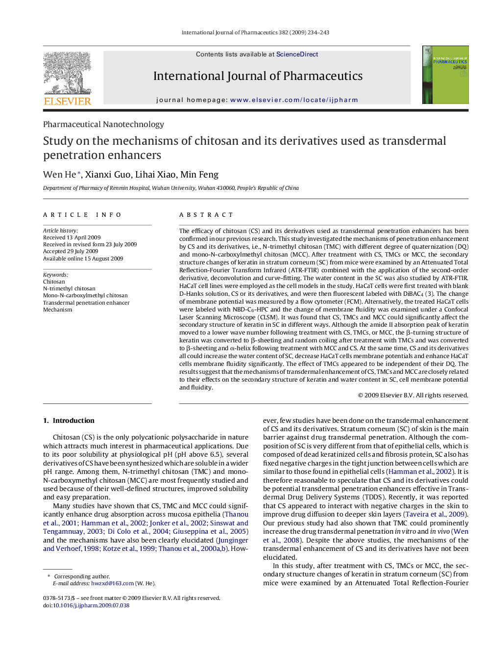 Study on the mechanisms of chitosan and its derivatives used as transdermal penetration enhancers