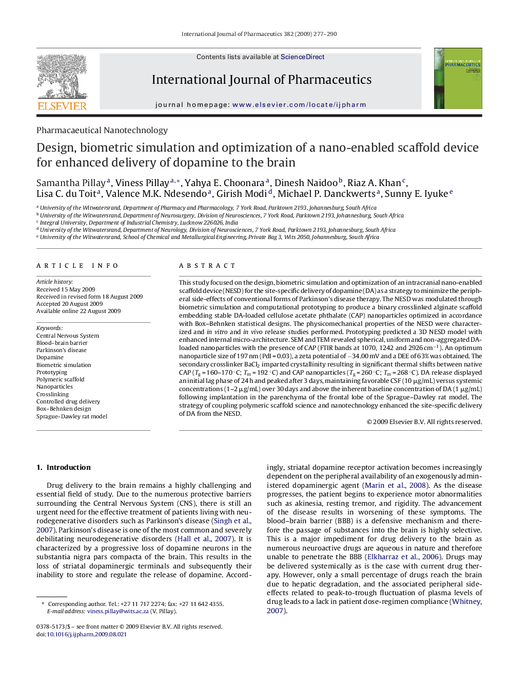 Design, biometric simulation and optimization of a nano-enabled scaffold device for enhanced delivery of dopamine to the brain