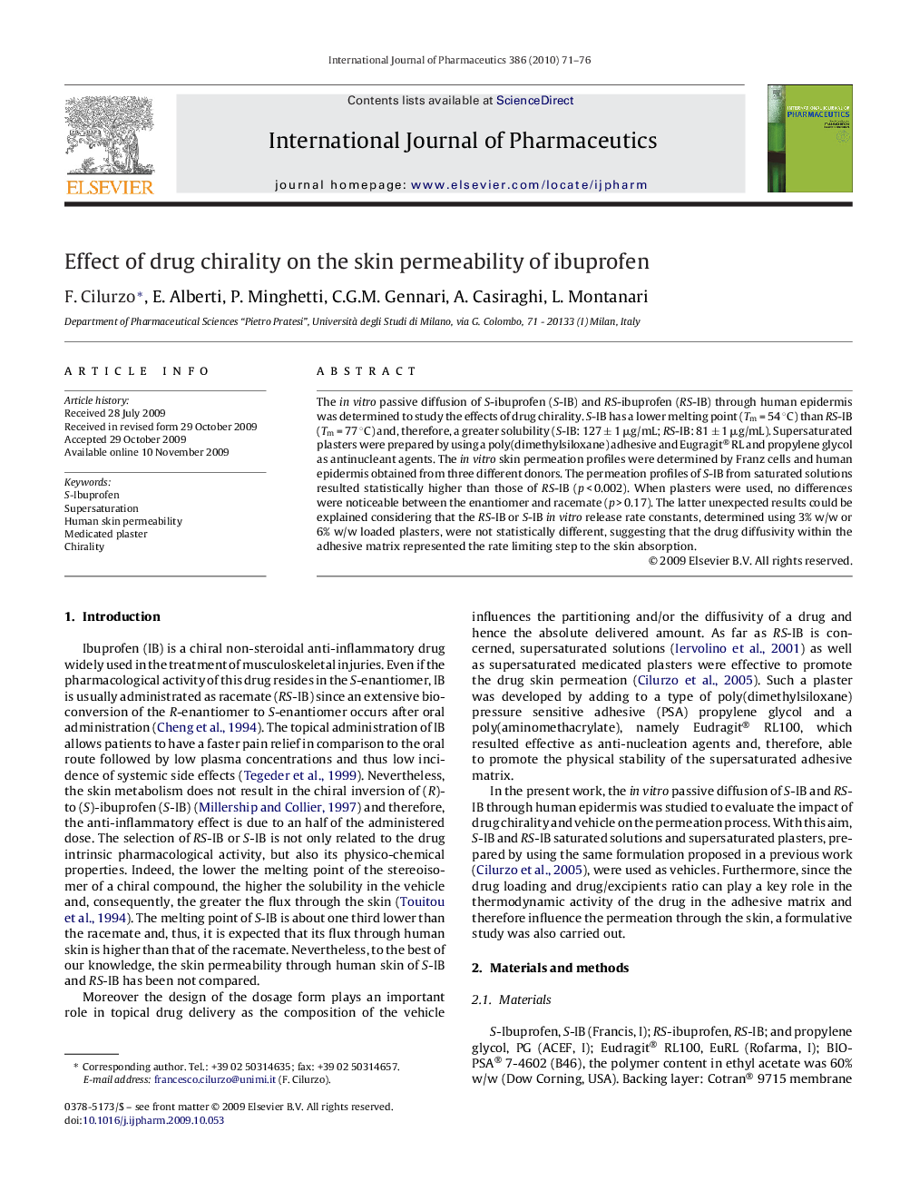 Effect of drug chirality on the skin permeability of ibuprofen