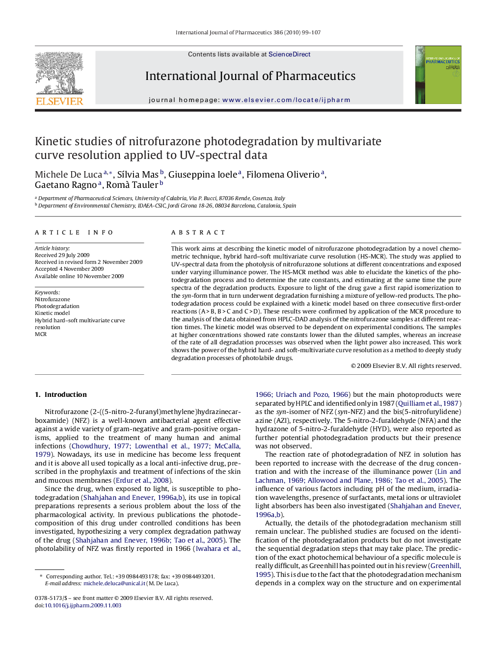 Kinetic studies of nitrofurazone photodegradation by multivariate curve resolution applied to UV-spectral data