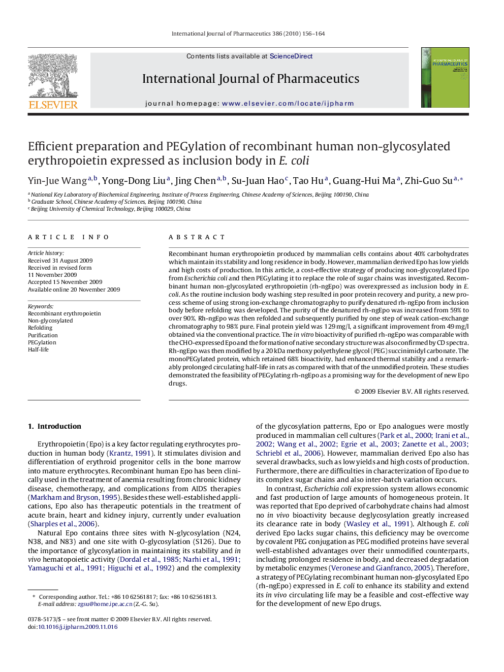 Efficient preparation and PEGylation of recombinant human non-glycosylated erythropoietin expressed as inclusion body in E. coli