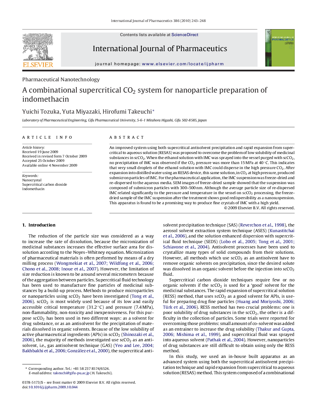 A combinational supercritical CO2 system for nanoparticle preparation of indomethacin