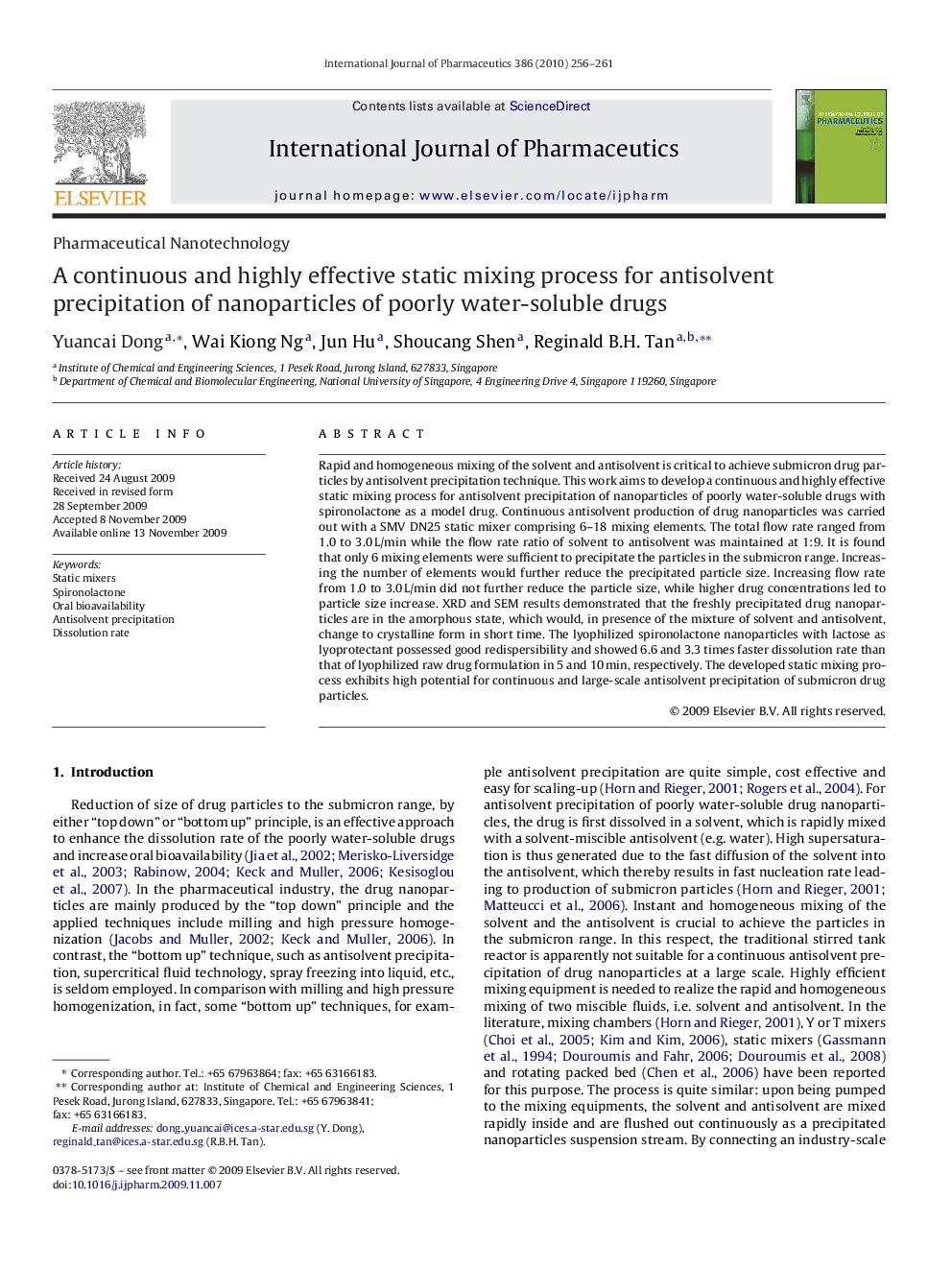 A continuous and highly effective static mixing process for antisolvent precipitation of nanoparticles of poorly water-soluble drugs