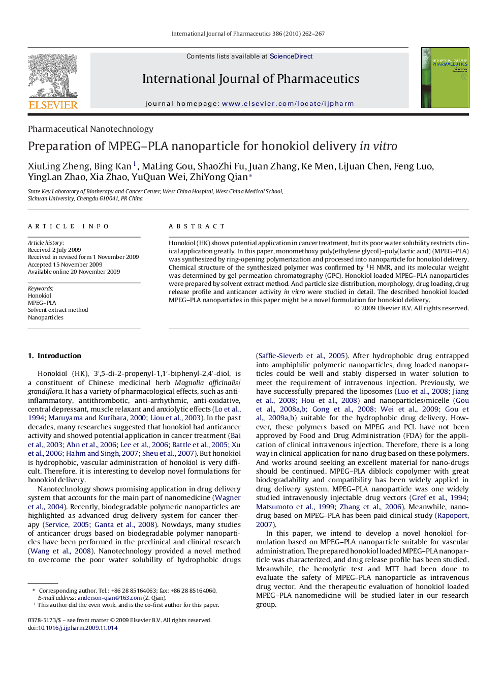 Preparation of MPEG–PLA nanoparticle for honokiol delivery in vitro
