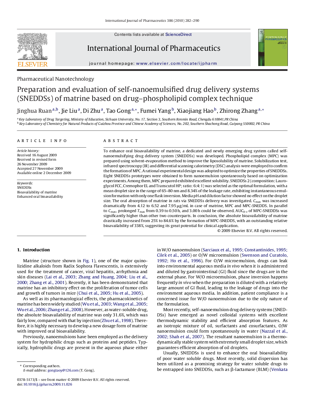 Preparation and evaluation of self-nanoemulsified drug delivery systems (SNEDDSs) of matrine based on drug–phospholipid complex technique