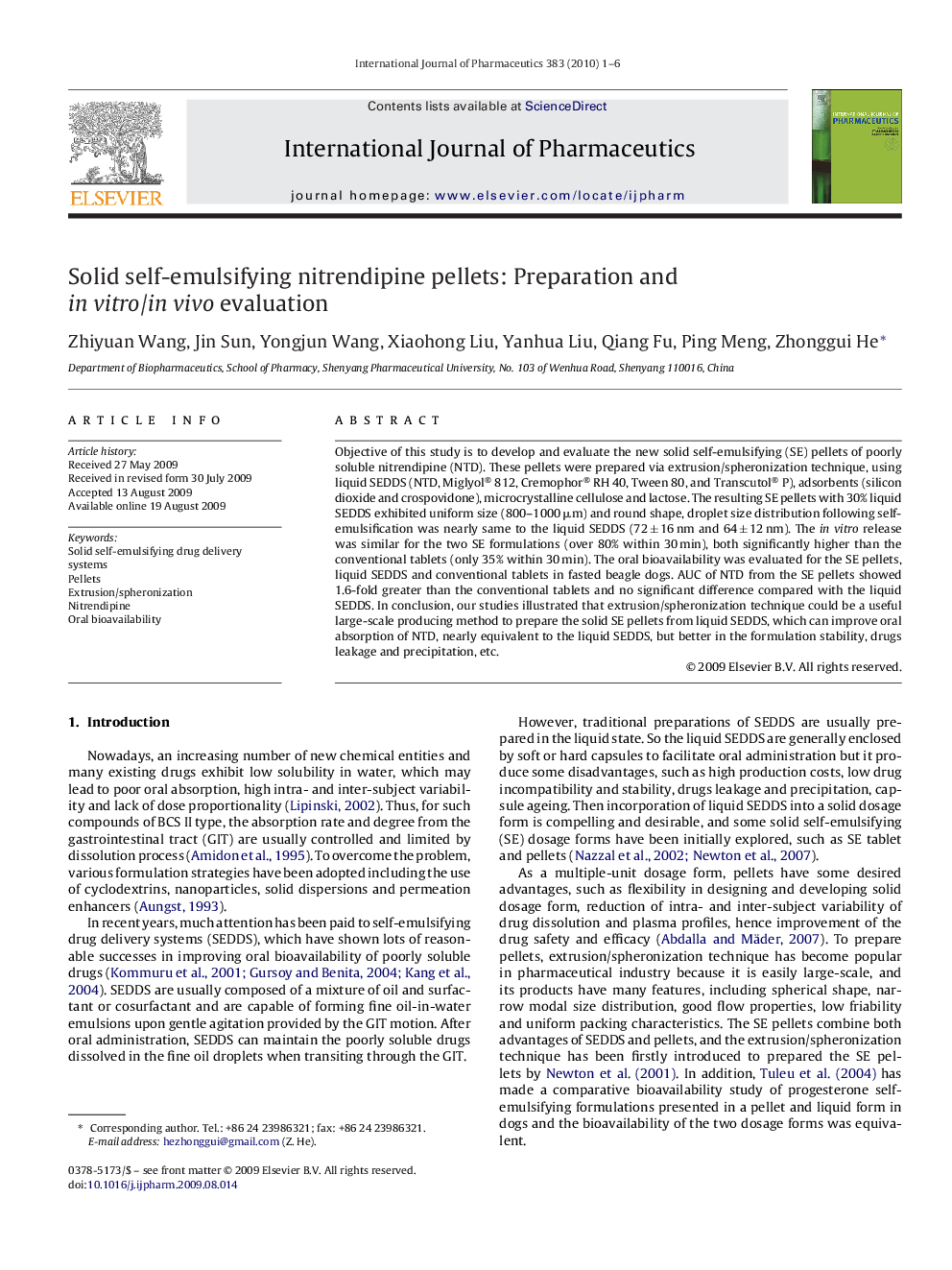 Solid self-emulsifying nitrendipine pellets: Preparation and in vitro/in vivo evaluation