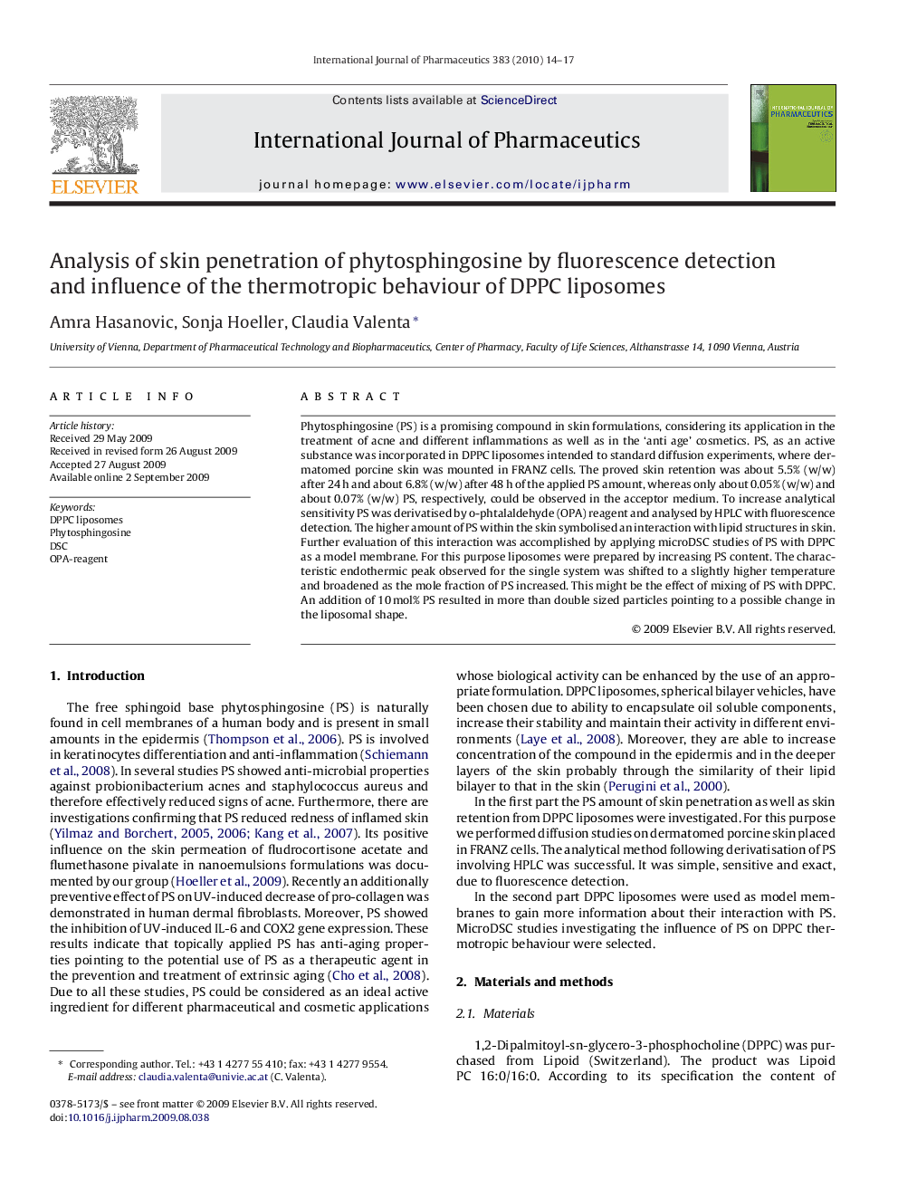 Analysis of skin penetration of phytosphingosine by fluorescence detection and influence of the thermotropic behaviour of DPPC liposomes