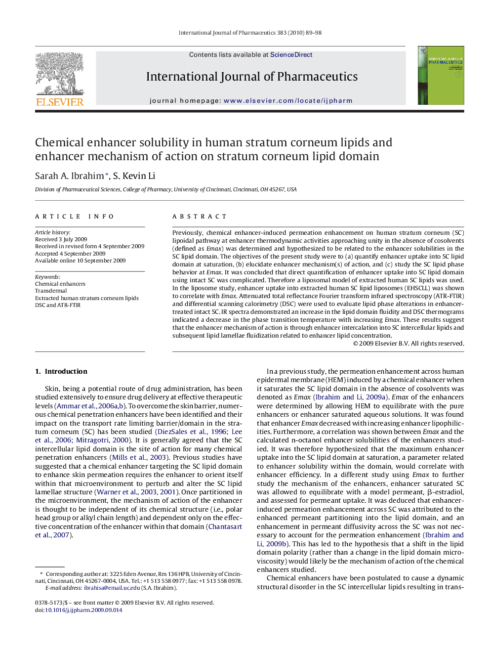 Chemical enhancer solubility in human stratum corneum lipids and enhancer mechanism of action on stratum corneum lipid domain