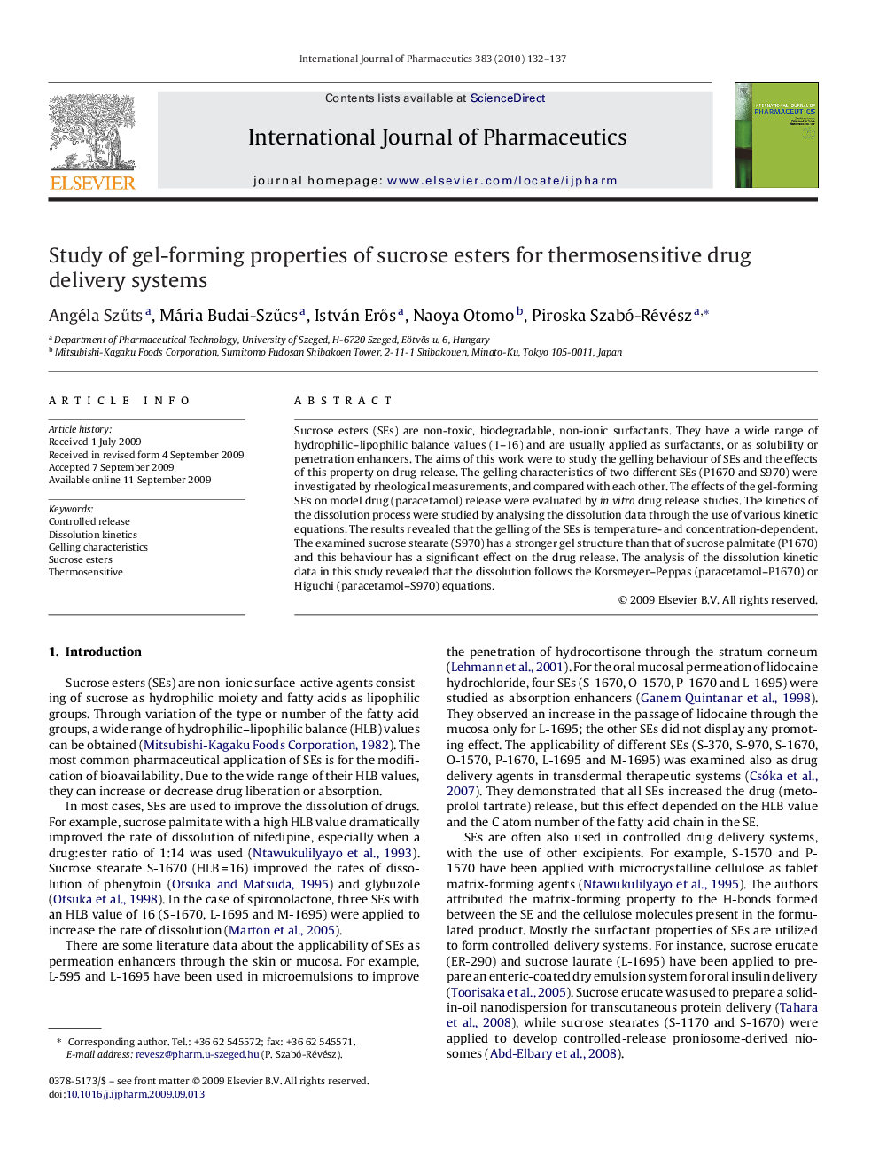 Study of gel-forming properties of sucrose esters for thermosensitive drug delivery systems