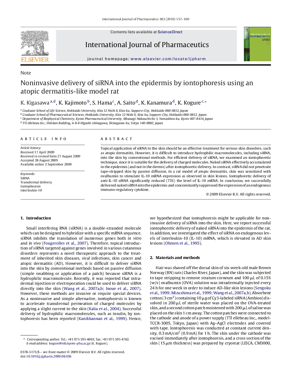 Noninvasive delivery of siRNA into the epidermis by iontophoresis using an atopic dermatitis-like model rat