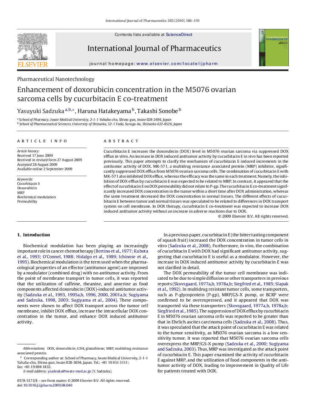 Enhancement of doxorubicin concentration in the M5076 ovarian sarcoma cells by cucurbitacin E co-treatment