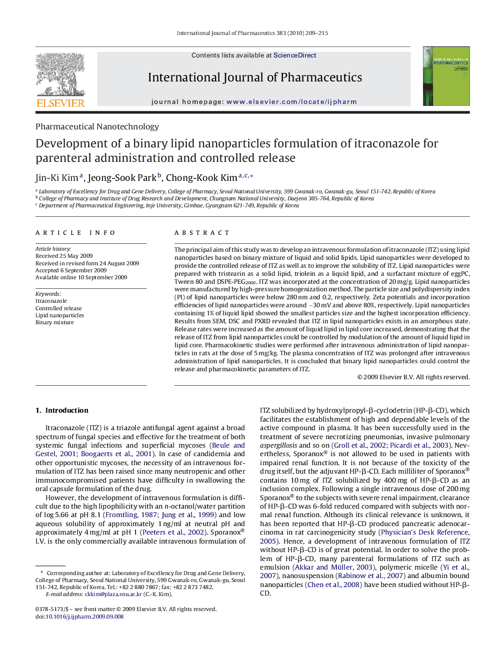 Development of a binary lipid nanoparticles formulation of itraconazole for parenteral administration and controlled release