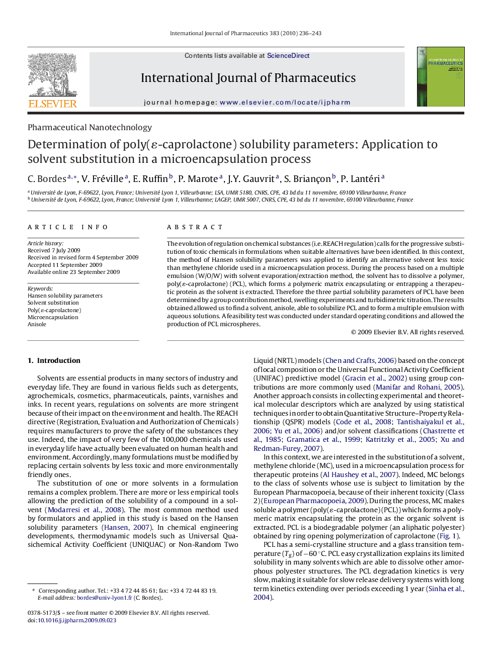 Determination of poly(ɛ-caprolactone) solubility parameters: Application to solvent substitution in a microencapsulation process