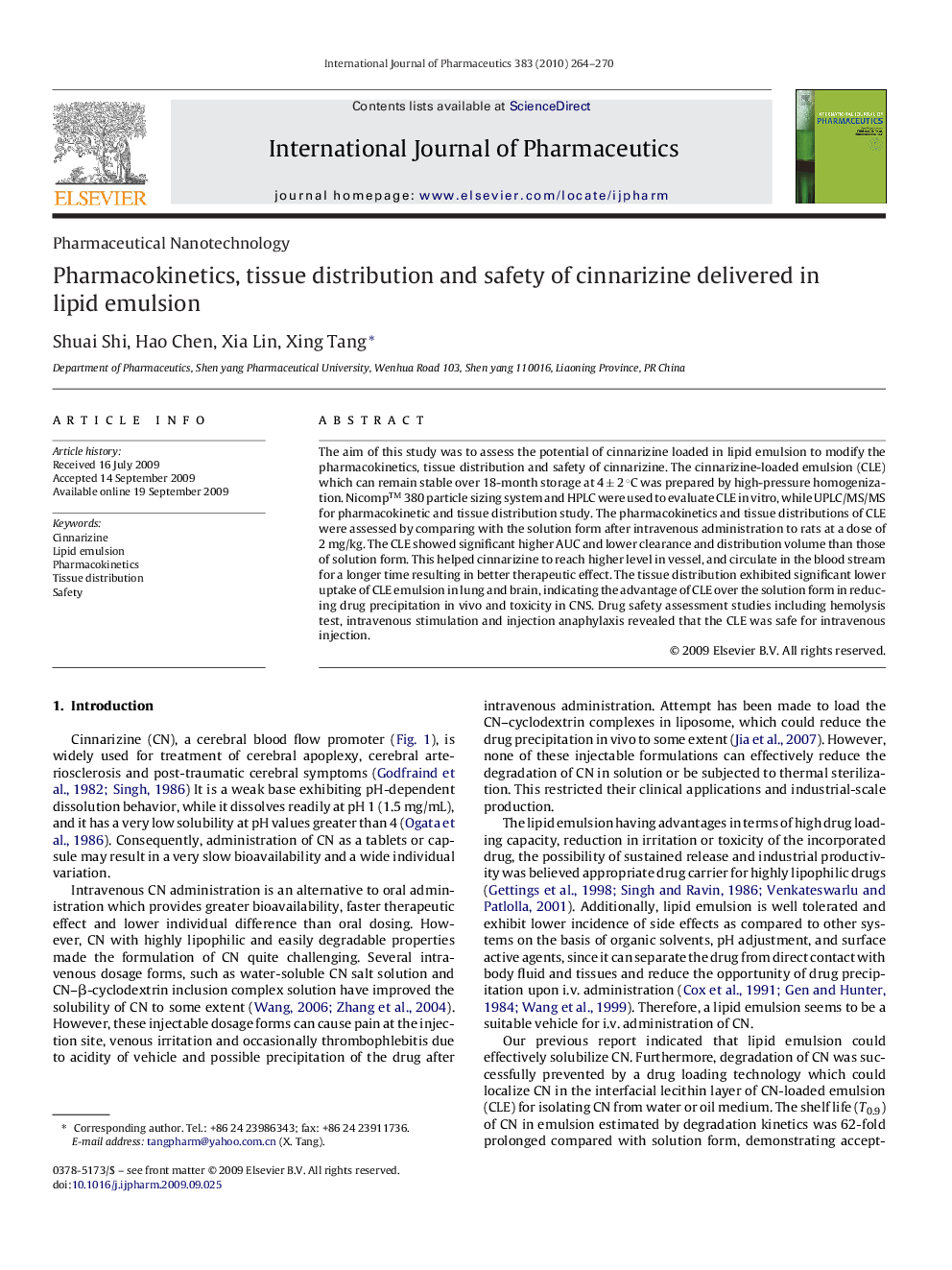 Pharmacokinetics, tissue distribution and safety of cinnarizine delivered in lipid emulsion