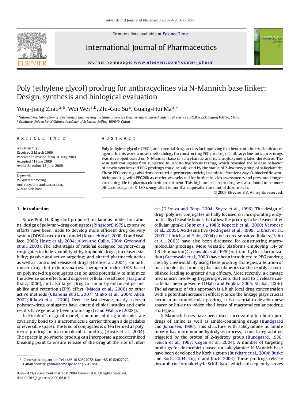 Poly (ethylene glycol) prodrug for anthracyclines via N-Mannich base linker: Design, synthesis and biological evaluation