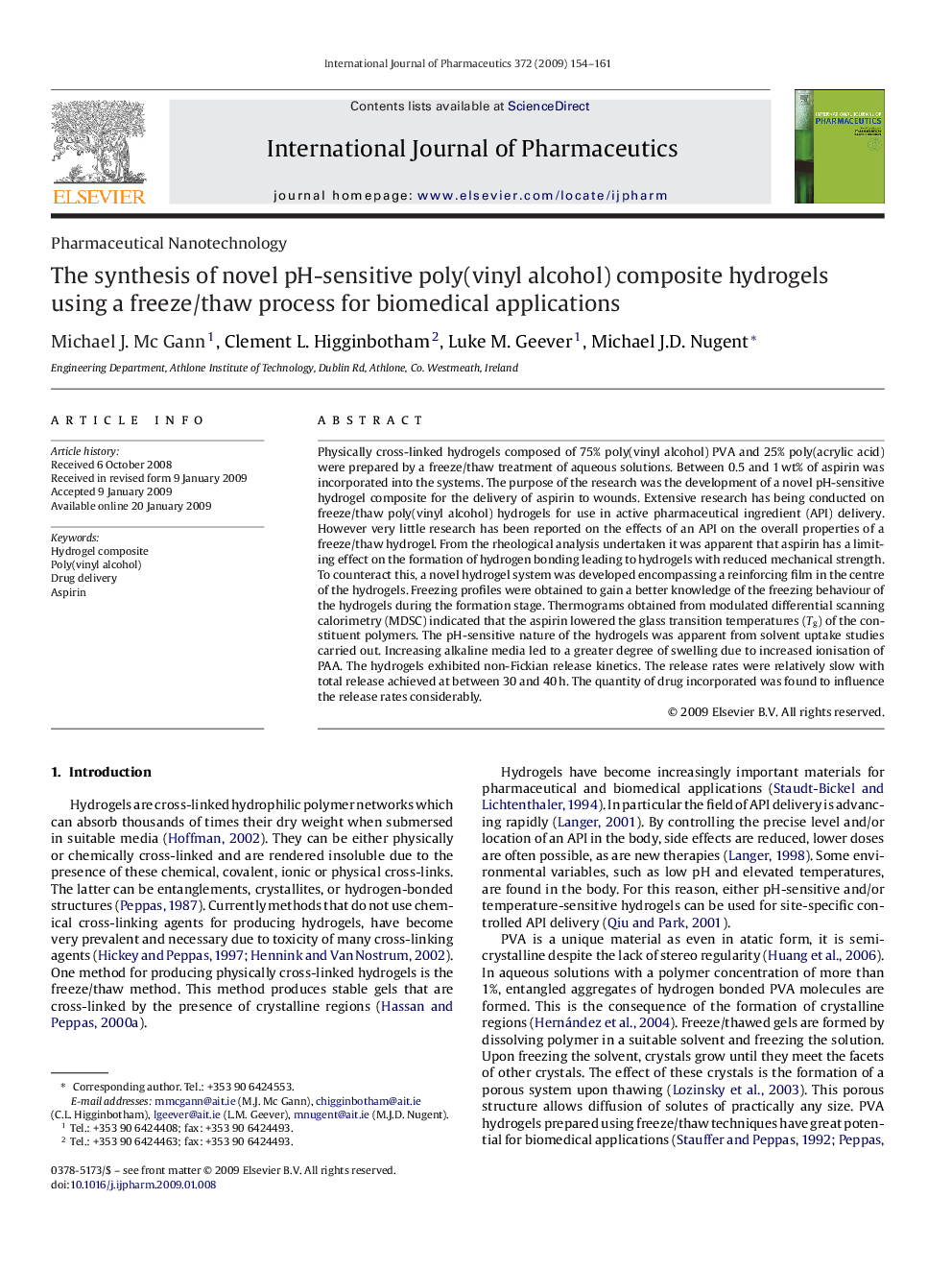 The synthesis of novel pH-sensitive poly(vinyl alcohol) composite hydrogels using a freeze/thaw process for biomedical applications