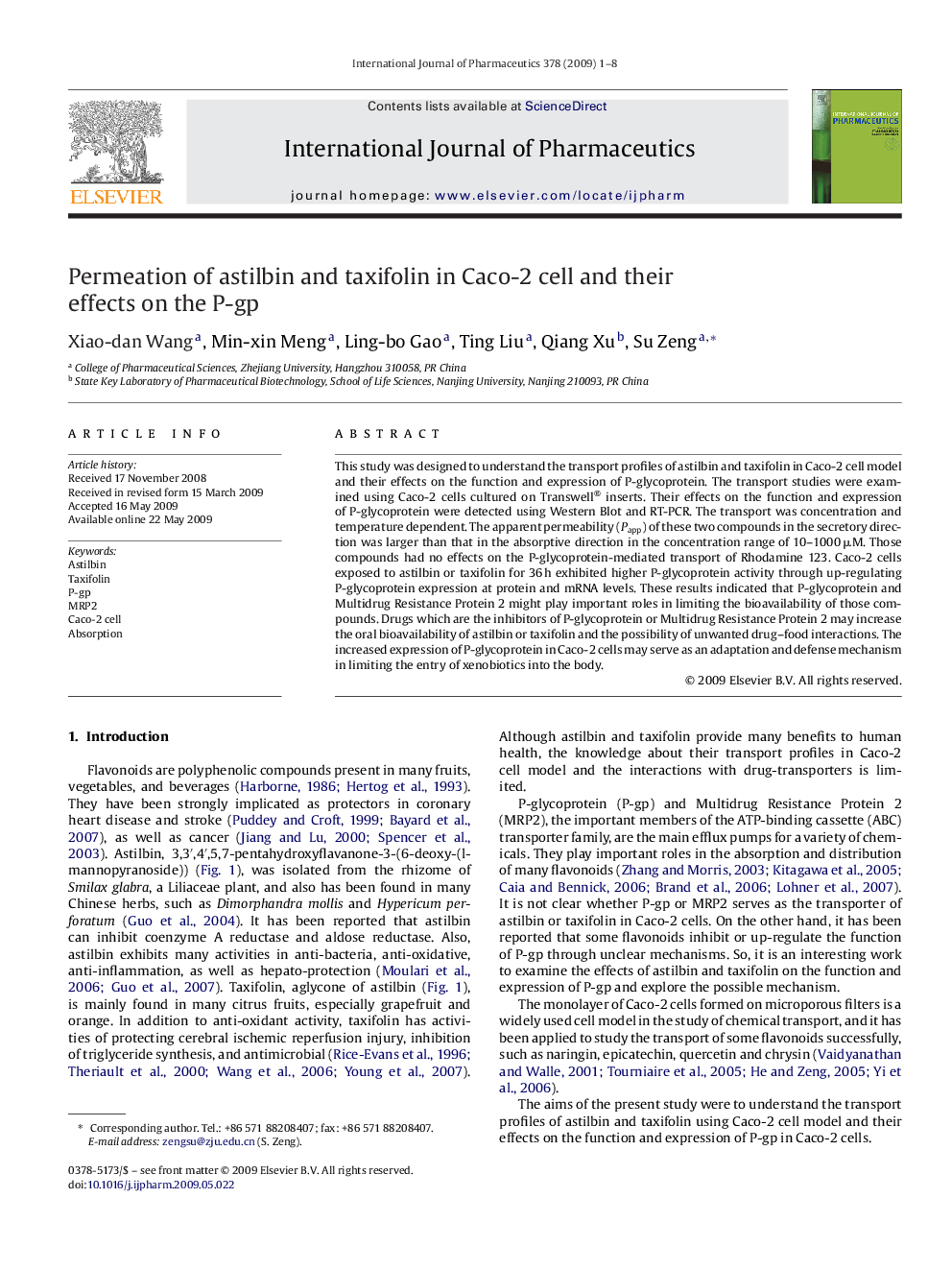 Permeation of astilbin and taxifolin in Caco-2 cell and their effects on the P-gp