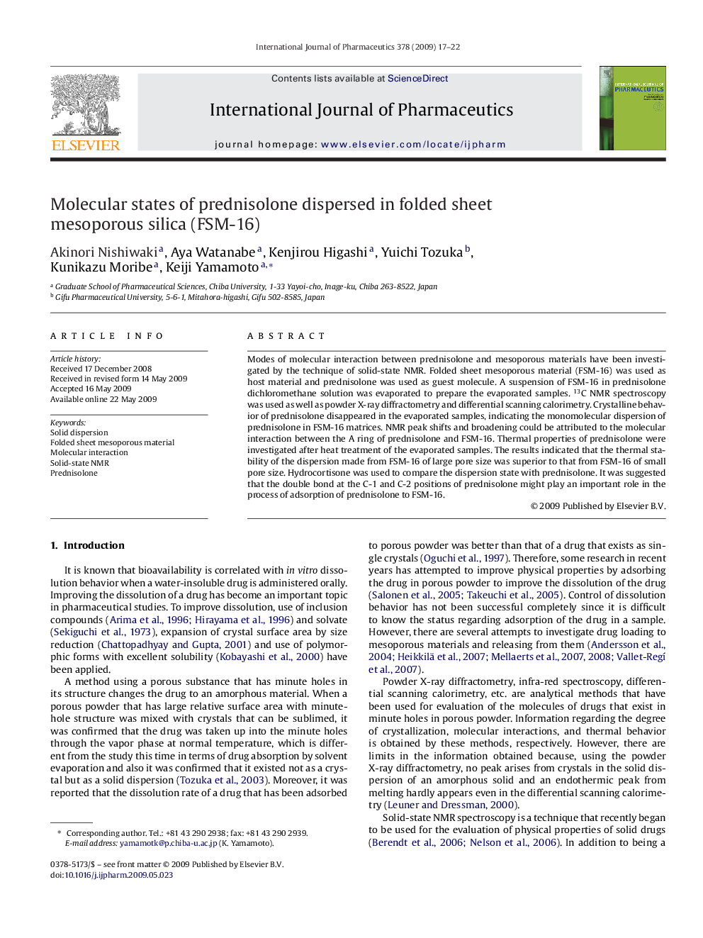 Molecular states of prednisolone dispersed in folded sheet mesoporous silica (FSM-16)