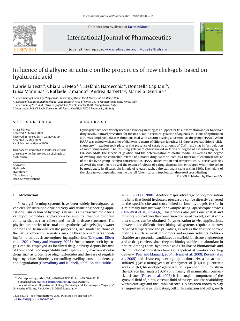 Influence of dialkyne structure on the properties of new click-gels based on hyaluronic acid