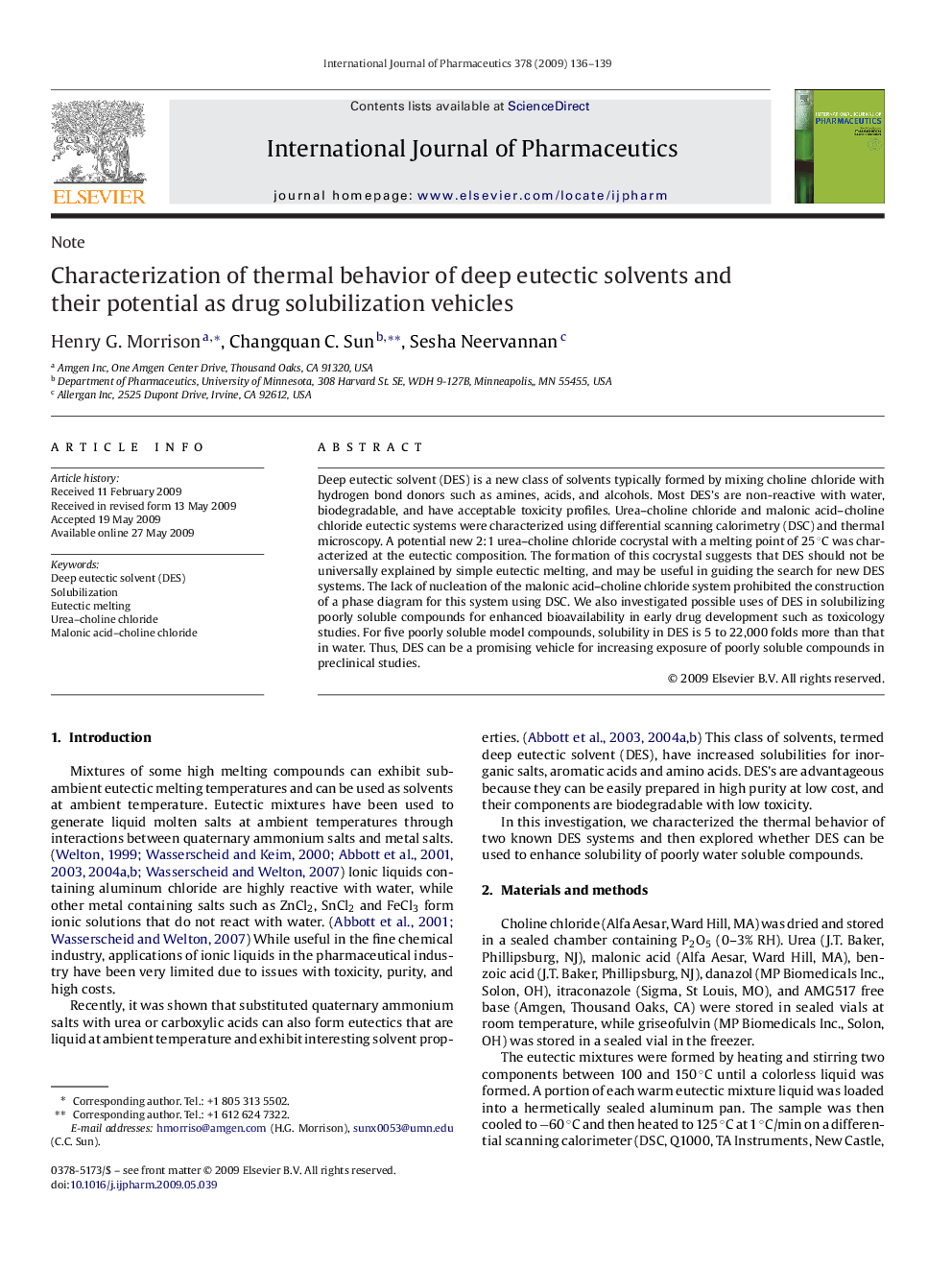 Characterization of thermal behavior of deep eutectic solvents and their potential as drug solubilization vehicles