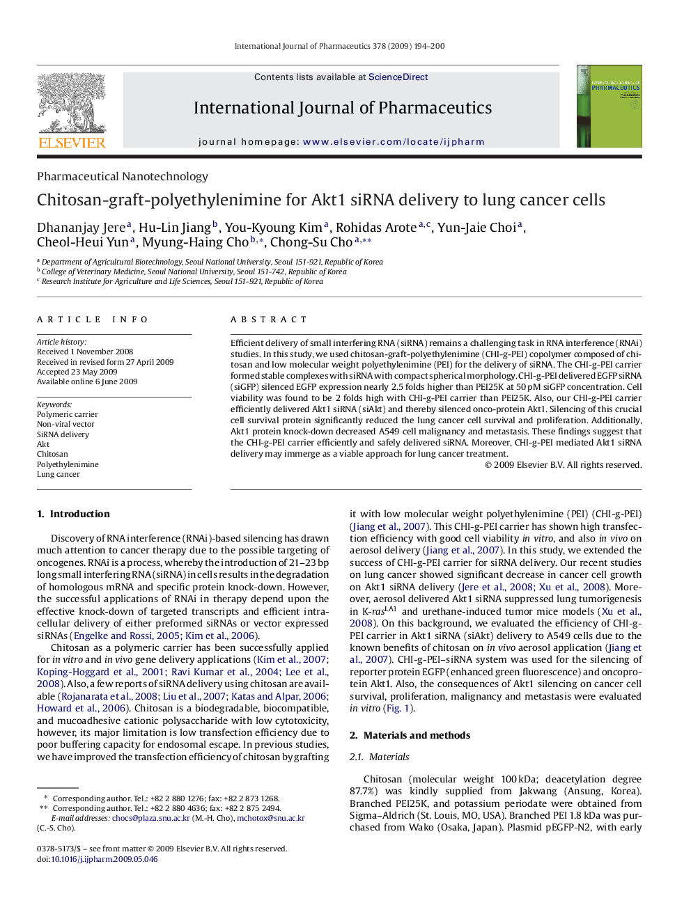 Chitosan-graft-polyethylenimine for Akt1 siRNA delivery to lung cancer cells