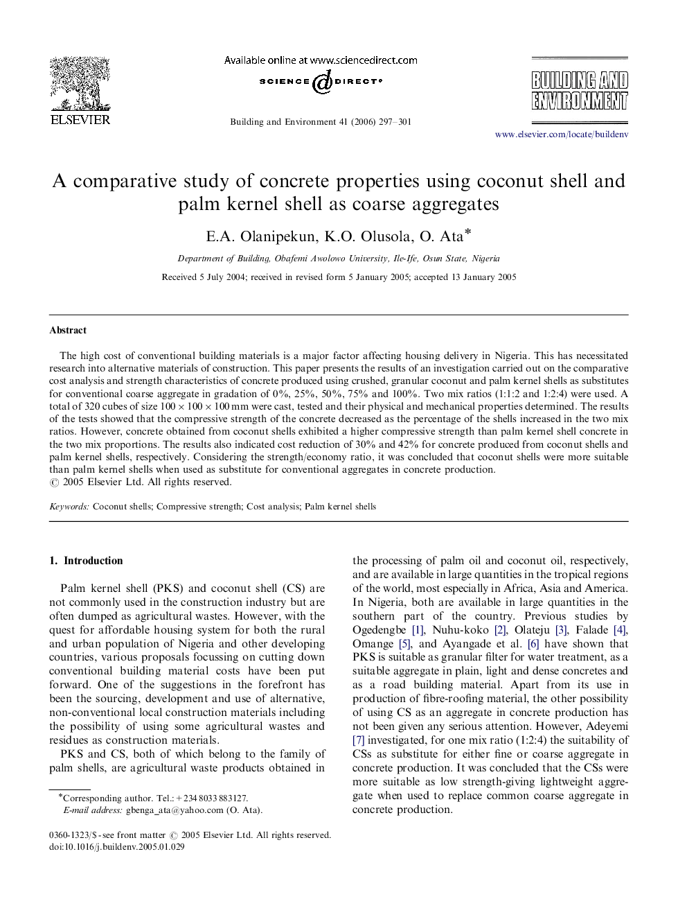 A comparative study of concrete properties using coconut shell and palm kernel shell as coarse aggregates