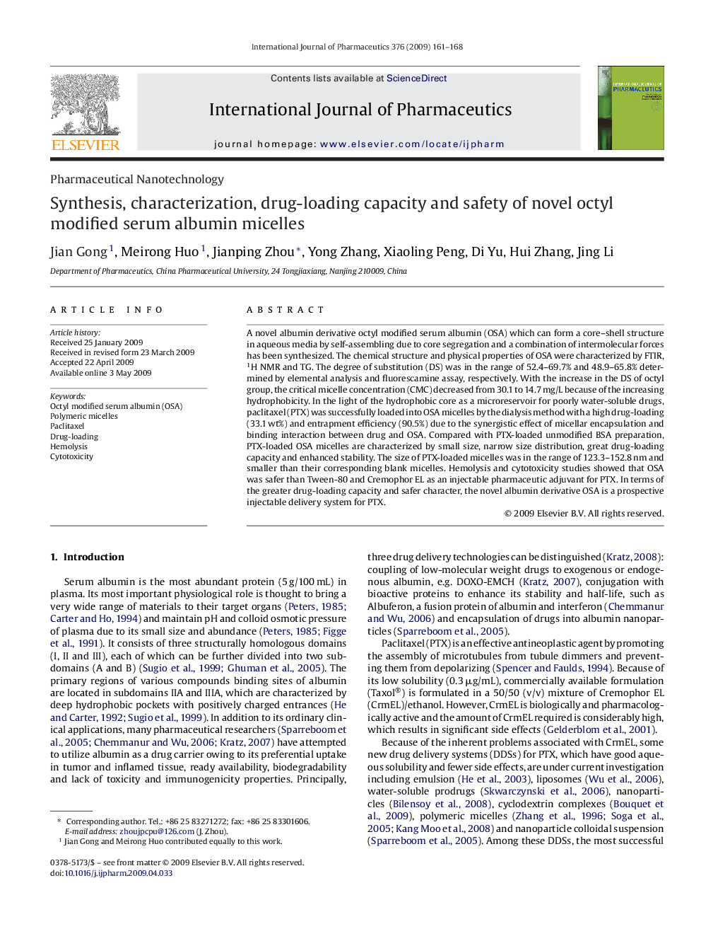 Synthesis, characterization, drug-loading capacity and safety of novel octyl modified serum albumin micelles