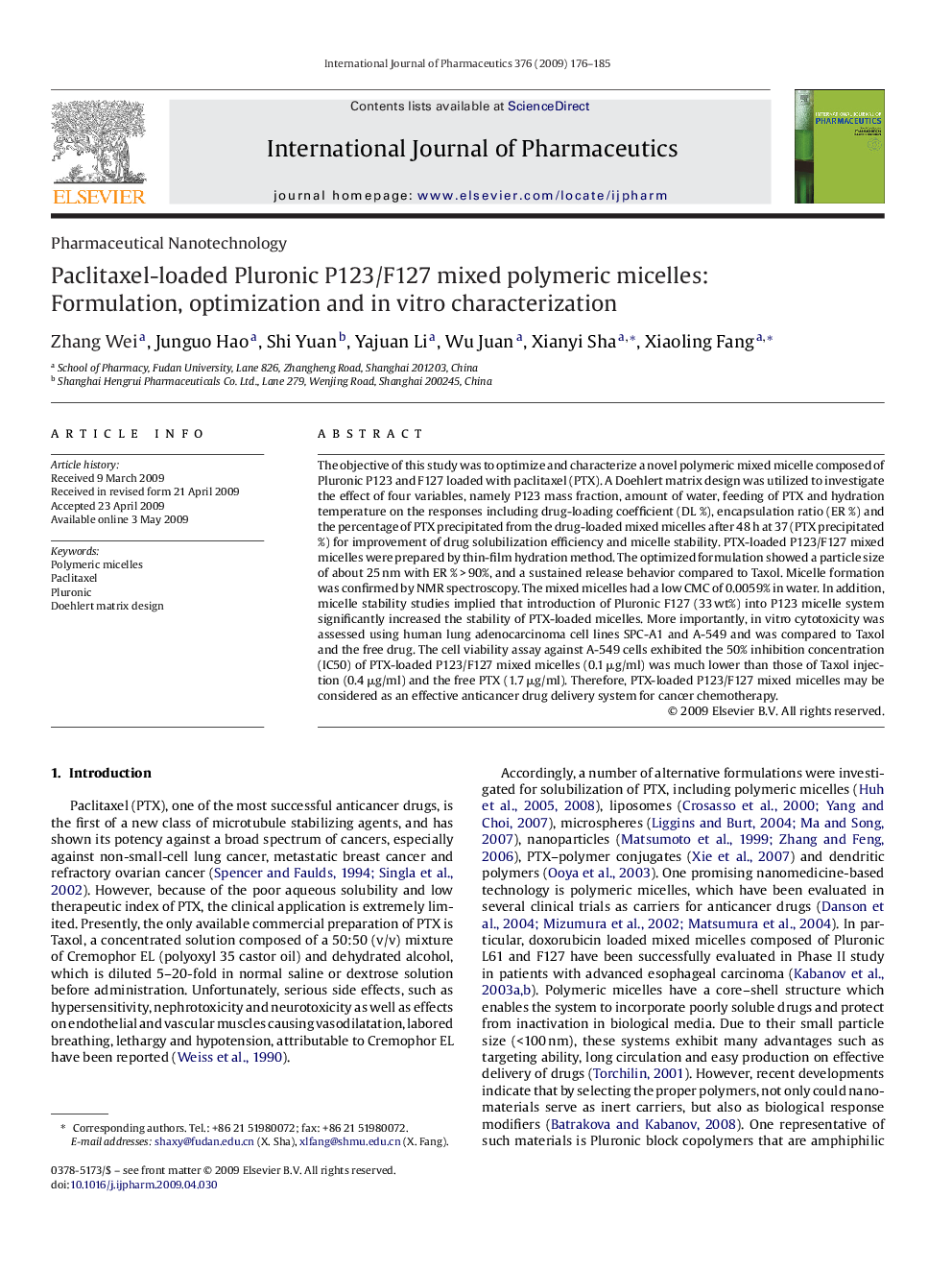 Paclitaxel-loaded Pluronic P123/F127 mixed polymeric micelles: Formulation, optimization and in vitro characterization