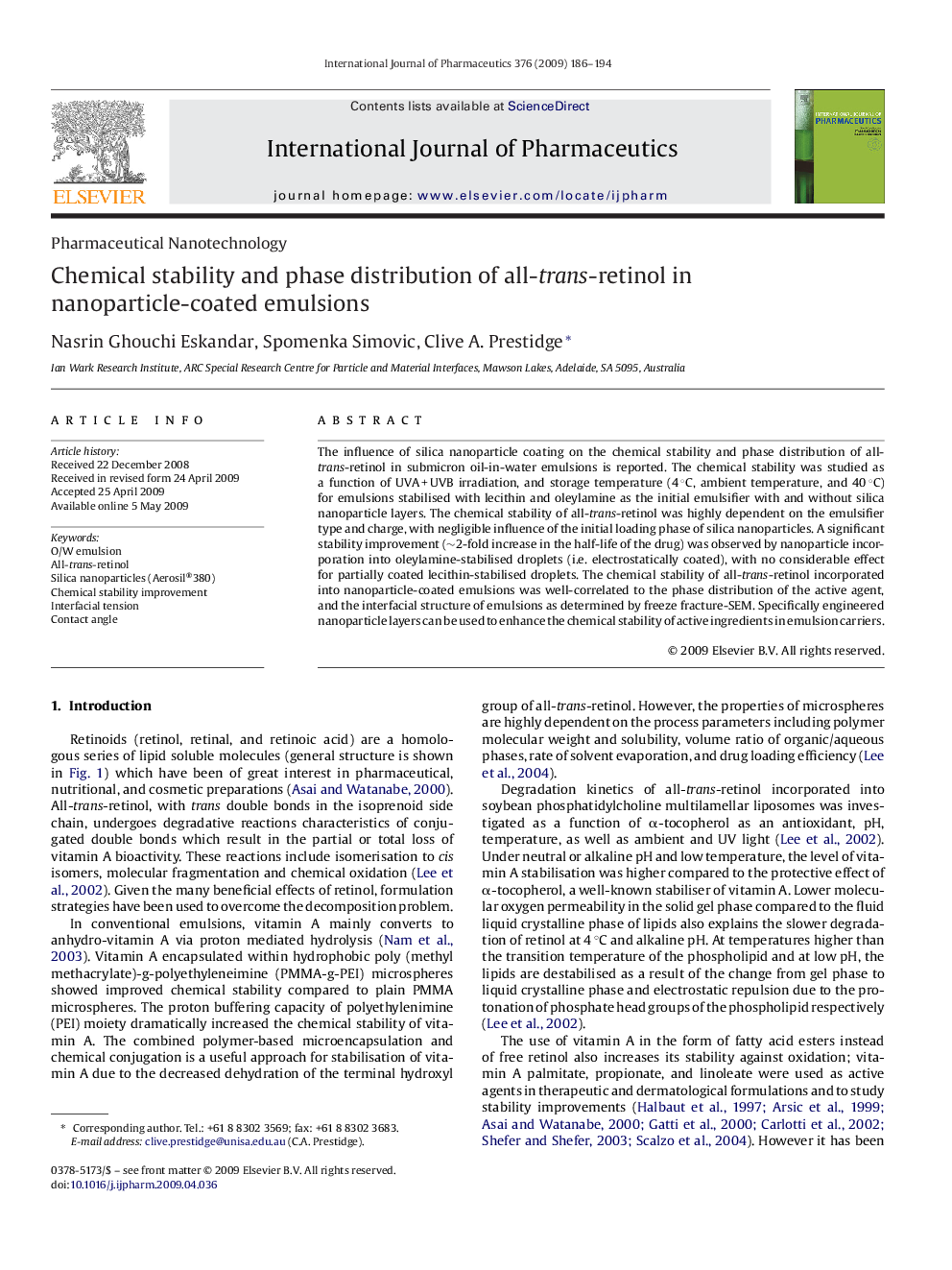 Chemical stability and phase distribution of all-trans-retinol in nanoparticle-coated emulsions