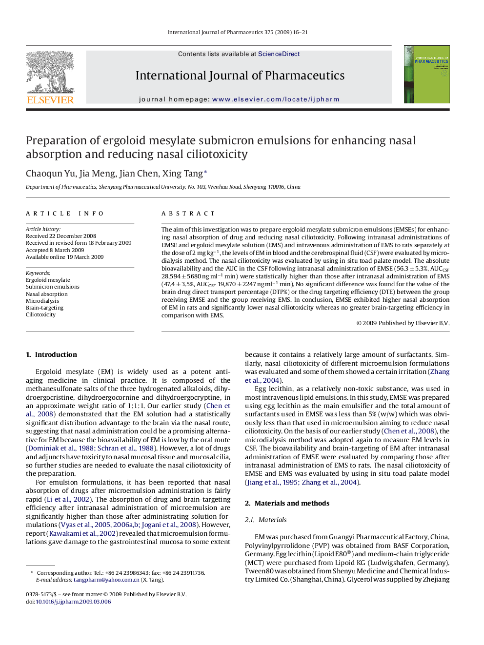 Preparation of ergoloid mesylate submicron emulsions for enhancing nasal absorption and reducing nasal ciliotoxicity