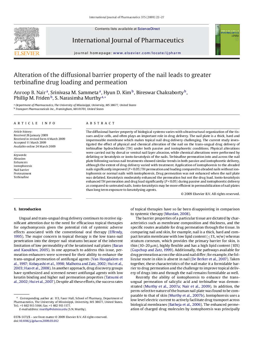 Alteration of the diffusional barrier property of the nail leads to greater terbinafine drug loading and permeation