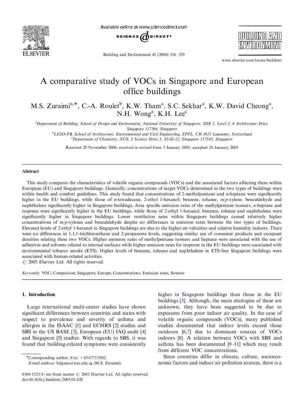 A comparative study of VOCs in Singapore and European office buildings